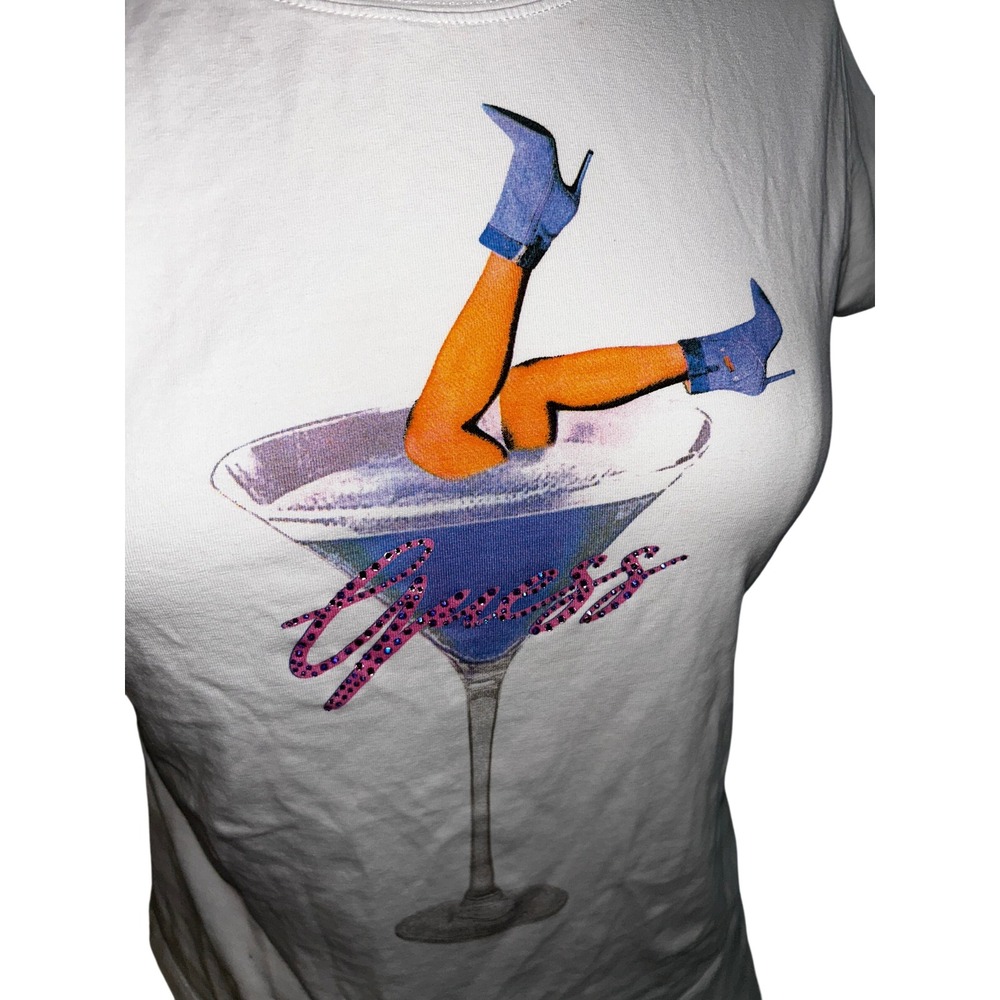 Rare Vintage GUESS T Shirt Graphic Martini Legs Sparkly Women's White Size L